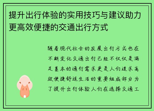 提升出行体验的实用技巧与建议助力更高效便捷的交通出行方式